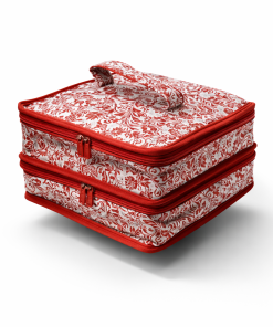 Costurero Floral Rojo Acolchado 24x24x18 cm | Clasificador de Costura con Bolsillos y Cremalleras